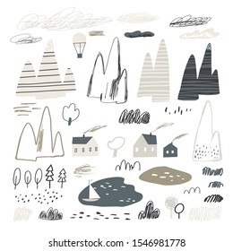 Vector set of mountains, clouds, lakes, trees and houses. Scandinavian style. Mountain Europe. Landscape Designer. Landscape elements for your design.