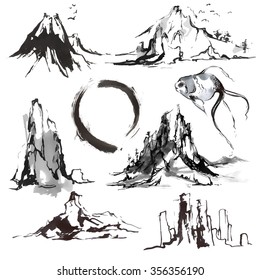 vector set of mountains, hand-drawn ink illustration, traditional Japanese sumi-e painting