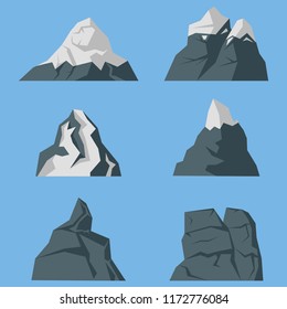 Vector set of mountains icons in a flat style. Peaks of the rocks