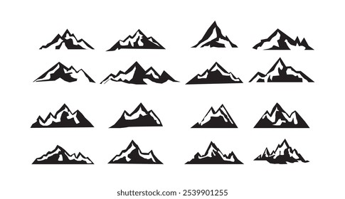 Vector set of mountains, mountain peak, hill top, iceberg, nature landscape. Camping landscape and hiking illustration. Outdoor travel, adventure, tourism, climbing design elements