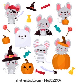 Vector set of mouse characters, Halloween kawaii cartoon style. Rats dressed up in costumes for Halloween - ghost, pirate, witch, mummy, vampire. Mouse with pumpkin and candies. Trick and treat.