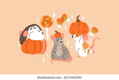 Vector set of mouse characters, Halloween kawaii cartoon style. Rats dressed up in pumpkin hat, Mouse with pumpkin and candies. Halloween and thanksgiving cartoon illustration