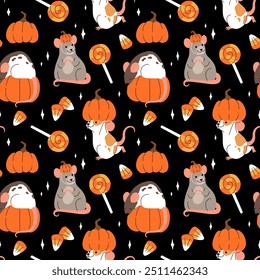 Vector set of mouse characters, Halloween kawaii cartoon style. Rats dressed up in pumpkin hat, Mouse with pumpkin and candies. Halloween and thanksgiving cartoon seamless pattern