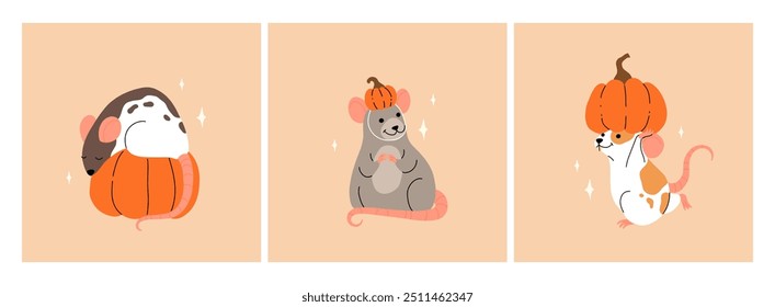 Vector set of mouse characters, Halloween kawaii cartoon style. Rats dressed up in pumpkin hat, Mouse with pumpkin and candies. Halloween and thanksgiving cartoon illustration