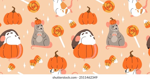 Vector set of mouse characters, Halloween kawaii cartoon style. Rats dressed up in pumpkin hat, Mouse with pumpkin and candies. Halloween and thanksgiving cartoon seamless pattern