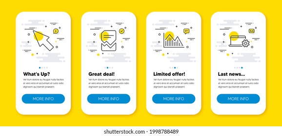 Vector set of Mouse cursor, Investment graph and Corrupted file line icons set. UI phone app screens with line icons. Notebook service icon. Click arrow, Investment infochart, Damaged document. Vector