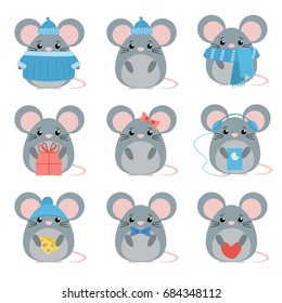 Vector set mouse in warm clothes with different subjects: cheese, hat, scarf, gift, heart, bow. Cartoon cute illustration