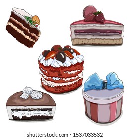 Vector set of mousse and bisquits cakes. American classic red velvet cake, and chocolate with meringue and strawberry mousse cakes. Illustrations for the design of the menu in the cafeteria.