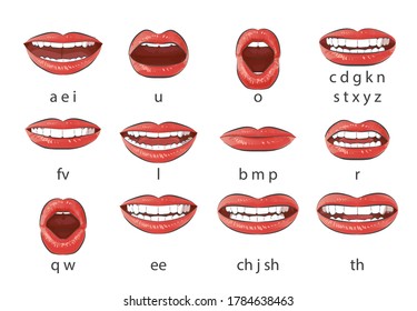 Vector set Mouth sync. Talking lips for cartoon character phonemes animation and english language text pronunciation sound signs. Female emotions and speaking articulation for education.