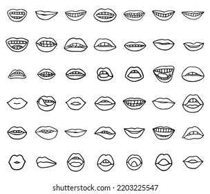 Conjunto vectorial de bocas o iconos de labios en estilo doodle aislado en fondo blanco.