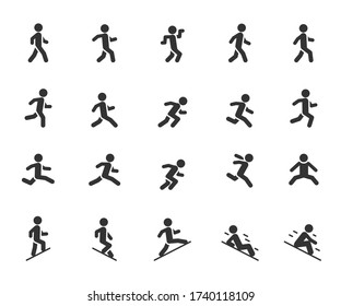 Vector set of movement people flat icons. Contains icons walking, running, jumping, climbing, descending, gait and more. Pixel perfect.