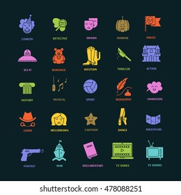 Vector set of movie genres flat  icons isolated on dark background. Different film genre elements perfect for infographic or mobile app