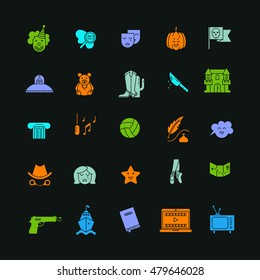 Vector set of movie genres flat  icons isolated on dark background. Different film genre elements perfect for infographic or mobile app