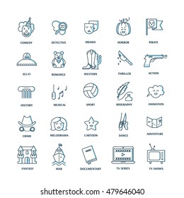 Vector set of movie genres line icons isolated on white background. Different film genre elements perfect for infographic or mobile app