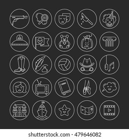 Vector set of movie genres line icons isolated on dark background. Different film genre elements perfect for infographic or mobile app