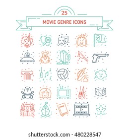 Vector set of movie genres line icons isolated on white background. Different film genre elements perfect for infographic or mobile app