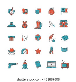 Vector set of movie genres line icons isolated on white background. Different film genre elements perfect for infographic or mobile app