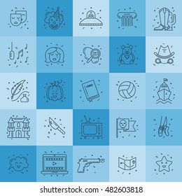 Vector set of movie genres line icons isolated on background. Different film genre elements perfect for infographic or mobile app