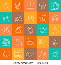 Vector set of movie genres line icons isolated on background. Different film genre elements perfect for infographic or mobile app