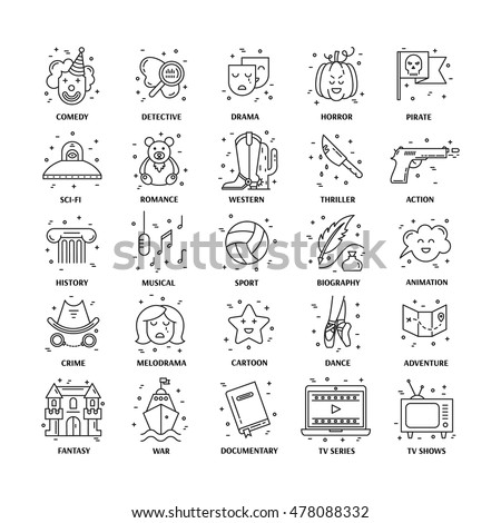 Vector set of movie genres line icons isolated on white background. Different film genre elements perfect for infographic or mobile app