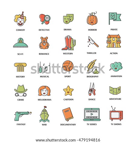 Vector set of movie genres line icons isolated on white background. Different film genre elements perfect for infographic or mobile app