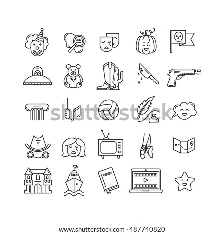 Vector set of movie genres line icons isolated on white background. Different film genre elements perfect for infographic or mobile app