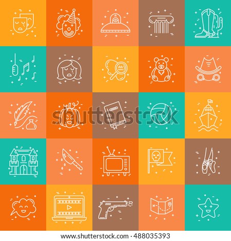 Vector set of movie genres line icons isolated on background. Different film genre elements perfect for infographic or mobile app