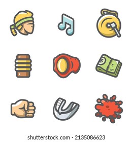Conjunto de vectores de iconos tailandeses muay. Luchador, Música, Gong, Makiwara, Cinturón de Campeones, Puño de Dinero, Capa, Sangre.