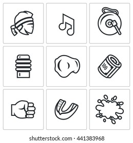 Vector Set of Muay Thai Icons. Fighter, Music, Gong, Makiwara, Champion Belt, Money Fist, Capa, Blood. Asian hard martial arts. Isolated symbols on a white background