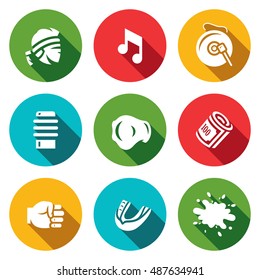 Vector Set of Muay Thai Icons. Fighter, Music, Gong, Makiwara, Champion Belt, Money Fist, Capa, Blood.