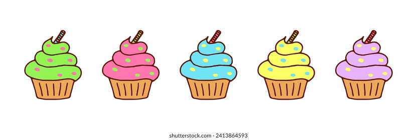 Vector Set of Muffins. Colorful Doodle Cupcake Icons Isolated on White Background. Vibrant Desserts