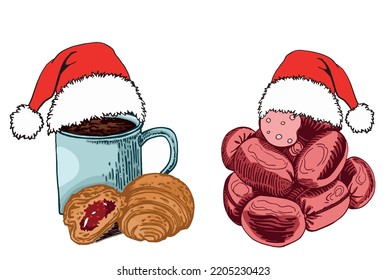 Vector set of mug of tea with croissants and sausages in 
santa claus red hat isolated on white,color illustration.Christmas elements