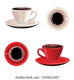 Conjunto vectorial de tazas con vista lateral de café y vista aérea aislado en fondo blanco. Ilustración en un estilo simple.