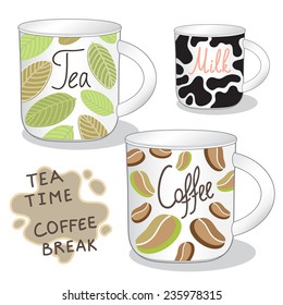 Vector set of mugs for coffee, tea and milk