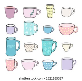 Vector set of mugs in the hand drown style. Illustration on white background in pastel colors.