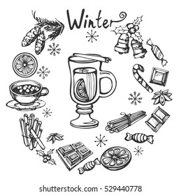 vector set with mulled wine and christmas sketch icons.