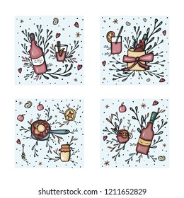 Vector set of mulled wine compositions. Square illustrations in doodle style. Templates for social media post.