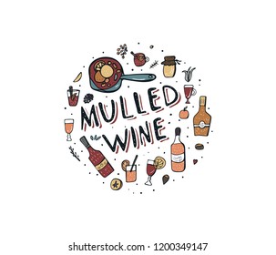 Vector set of mulled wine elements and objects. Round composition in doodle style.