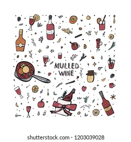 Vector set of mulled wine elements and objects. Square composition in doodle style.