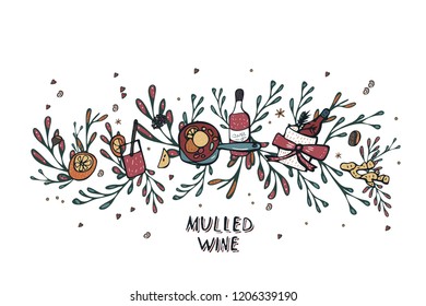 Vector set of mulled wine elements and objects. Composition in doodle style.
