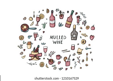Vector set of mulled wine elements and objects. Composition in doodle style.