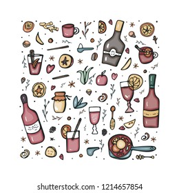 Vector set of mulled wine elements and objects. Square collection of ingredients in doodle style.