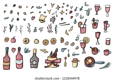 Vector set of mulled wine elements and objects. Collection of wine bottles, glasses, ingredients for hot beverage in doodle style on white background.