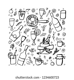 Vector set of mulled wine elements and objects. Square sketch composition in doodle style. Coloring page.