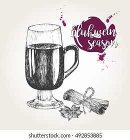 Vector set of mulled wine. Glass, cinnamon sticks, anise. Vintage engraved style. Decorated with blots. Use for season restaurant, menu, design, store holiday