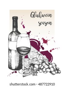Vector set of mulled wine ingredients. Wine, bottle, glass, orange, grape, anise, cinnamon. Warm alcoholic drink. Hand drawn vintage style. Use for menu, restaurant sales cold weather market 