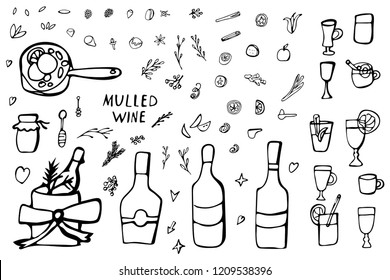 Vector set of mulled wine sketch elements and objects. Composition in doodle style.