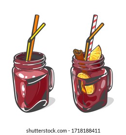 Vector set of mulled wine with tubes and slice of orange, citrus and cinnamon