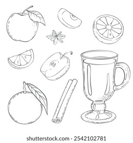 Vector Set of mulled wine, a warm wine drink with cinnamon, star anise, apples and orange. High quality illustration. drawing on a white background. For cozy evenings, menus of cafes, showcases.