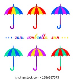 Vector set with multicolor bright open umbrellas. Protect from rain or sun. 